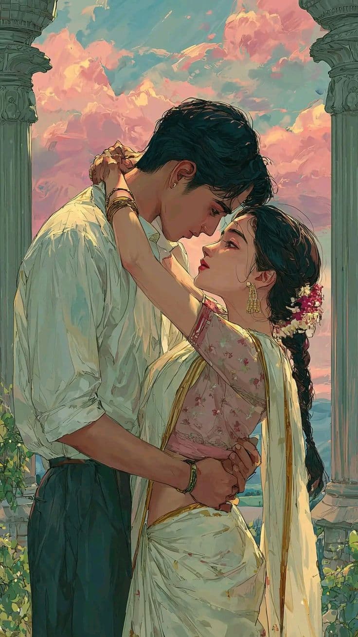 Romantic Indian couple with sunset and classical pillars